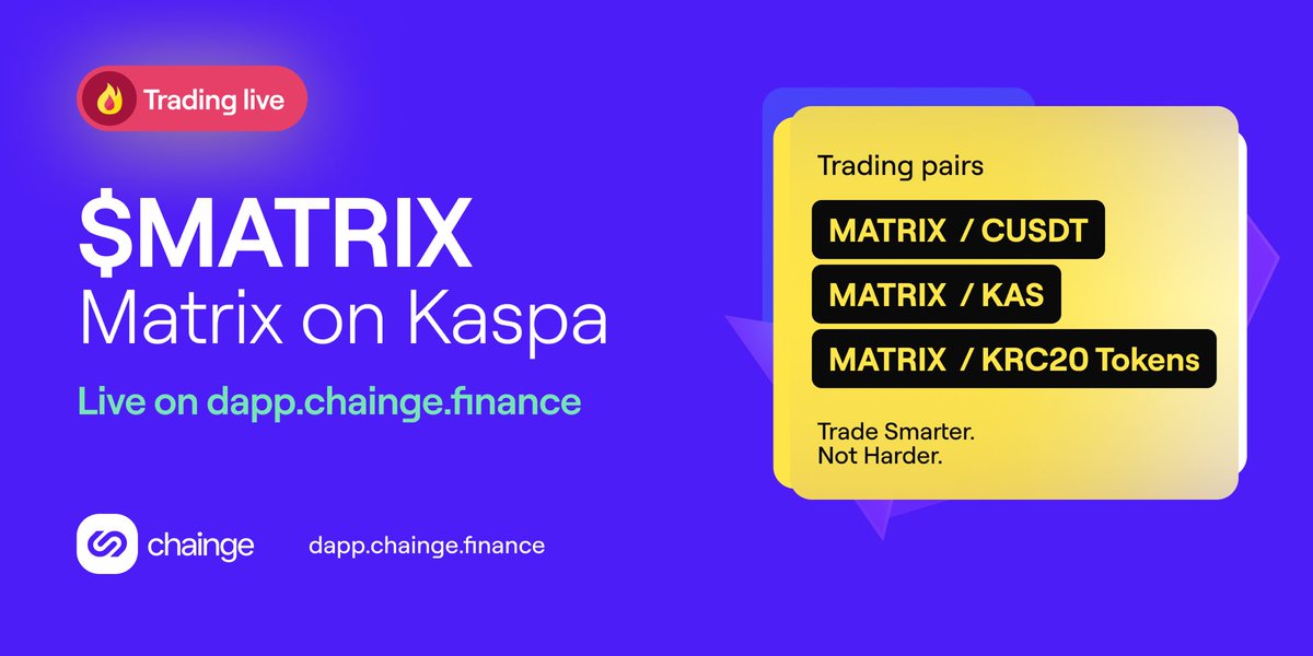 Thrilled to announce a new #KRC20 token is available for trading on dapp.chainge.finance!

You can now buy &amp; sell $MATRIX with $KAS, $CUSDT or ANY listed KRC20 token

Check out the waiting list at krc20.chainge.finance and add liquidity to support KRC20 token listings!