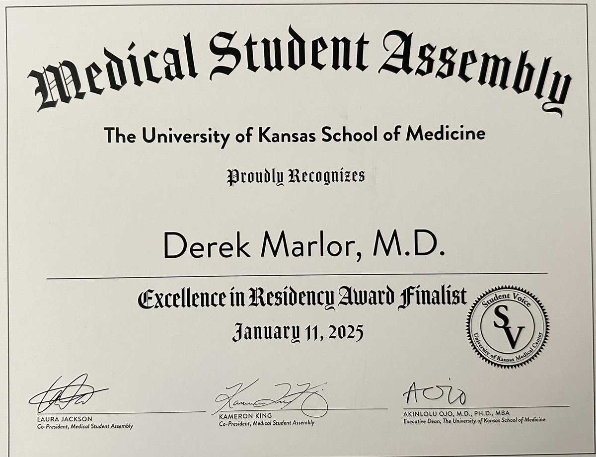Derek Marlor (@drmarlor) on Twitter photo Honored to have been recognized and nominated for the “Excellence in Residency” by the medical students at <a href="/KUMedicine/">KU School of Medicine</a>. Helping the mentor and teacher the next generation of physicians will always be a passion of mine throughout my career. Honored to have been recognized and nominated for the “Excellence in Residency” by the medical students at <a href="/KUMedicine/">KU School of Medicine</a>. Helping the mentor and teacher the next generation of physicians will always be a passion of mine throughout my career.