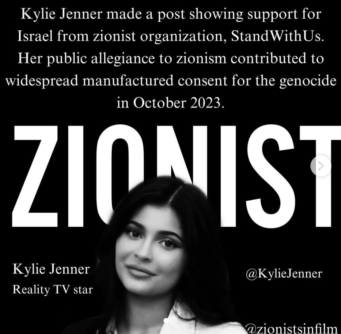 zionistsinfilm's tweet photo. Zionist, Kylie Jenner, is allegedly donating money for LA fire victims. Instead of donating to Jenner, give your money directly to working class LA fire survivors and Palestinians in Gaza. https://t.co/NZzWzXkVCM