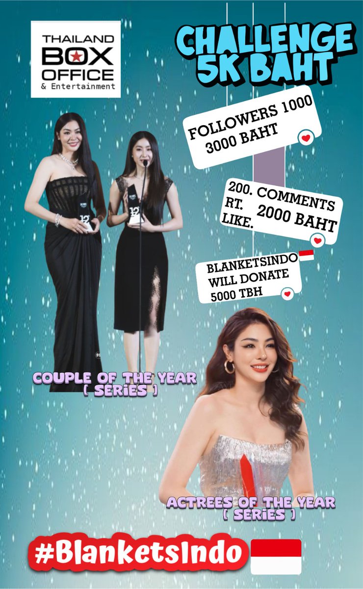 Voting challenge (Thailand Box Office 2025) ☑️ Followers Count hit 1000 💸  3000 THB For Best Couple ☑️ 200 comments,RT,Like 💸 2000 THB for Best  Actress. 📢 BlanketsIndo 🇮🇩 Will contribute a total of 5000 TBH💸 = 📢  Goals ☑️ #FayeYoko ...