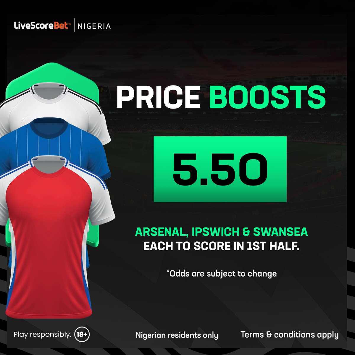 LivescorebetNG's tweet image. Check out our boosted odds on today’s football action.

Bet Now.

Nigerian 🇳🇬 residents only. 
#18+ #playresponsibly #priceboost