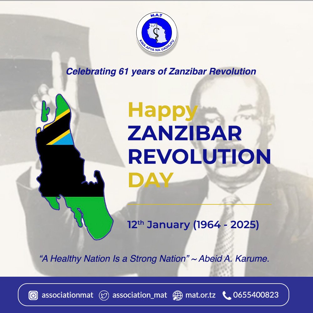 association_mat's tweet photo. Celebrating 61 years of the Revolution of Zanzibar.
Happy Mapinduzi Day.
#MapinduziDay https://t.co/iU9iBBZqJh