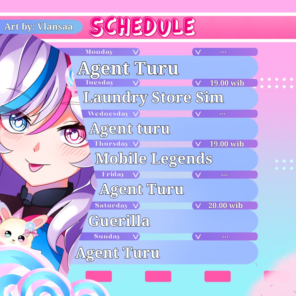 VlansaaVolleine's tweet photo. 🍬Schedule Vlansaa minggu ini🍬
•
🍭Tuesday-Laundry Store Sim|| 19.00 Wib
🍭Thurstday-Mobile Legends|| 19.00 Wib
🍭Saturday-guerilla || 20.00 Wib 
•
Art by: Vlansaa
•
General: #vlansaavolleine
Stream: #vlansaastream
Arts: #vlansaaart
Memes/Clips: #vlanmeme
Fan Name: Vlanshine https://t.co/87V2nEiAeP