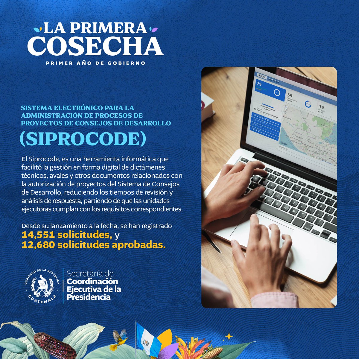 SCEPgt's tweet photo. La #SCEP 🇬🇹, a través del Sistema Electrónico para la Administración de Procesos de Proyectos de Consejos de Desarrollo #SIPROCODE, facilitó la gestión para la aprobación de 14,551 solicitudes de proyectos.

#PrimeraCosechaGT https://t.co/hCaboabbyw