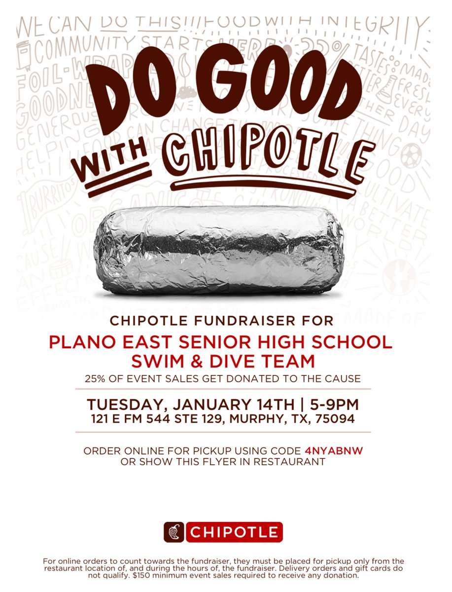 Hey friends! Hungry? 🍴 Join us for a swim team fundraiser at Chipotle and help us fuel our season! Every bite you take helps support our swimmers. 🏅Bring your appetite, bring your friends, and let’s make this fundraiser a success. 💙 See you there! 🌯🏊‍♀️