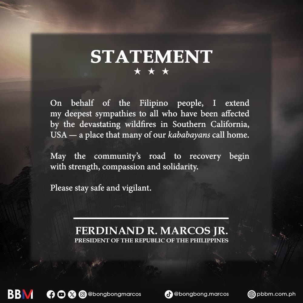 Bongbong Marcos (@bongbongmarcos) on Twitter photo On behalf of the Filipino people, I extend my deepest sympathies to all who have been affected by the devastating wildfires in ๐๐ฐ๐ถ๐ต๐ฉ๐ฆ๐ณ๐ฏ ๐๐ข๐ญ๐ช๐ง๐ฐ๐ณ๐ฏ๐ช๐ข, ๐๐๐ โ a place that many of our ๐ฌ๐ข๐ฃ๐ข๐ฃ๐ข๐บ๐ข๐ฏ๐ด call ๐ต๐ผ๐บ๐ฒ.
May the communityโs road to recovery begin On behalf of the Filipino people, I extend my deepest sympathies to all who have been affected by the devastating wildfires in ๐๐ฐ๐ถ๐ต๐ฉ๐ฆ๐ณ๐ฏ ๐๐ข๐ญ๐ช๐ง๐ฐ๐ณ๐ฏ๐ช๐ข, ๐๐๐ โ a place that many of our ๐ฌ๐ข๐ฃ๐ข๐ฃ๐ข๐บ๐ข๐ฏ๐ด call ๐ต๐ผ๐บ๐ฒ.
May the communityโs road to recovery begin