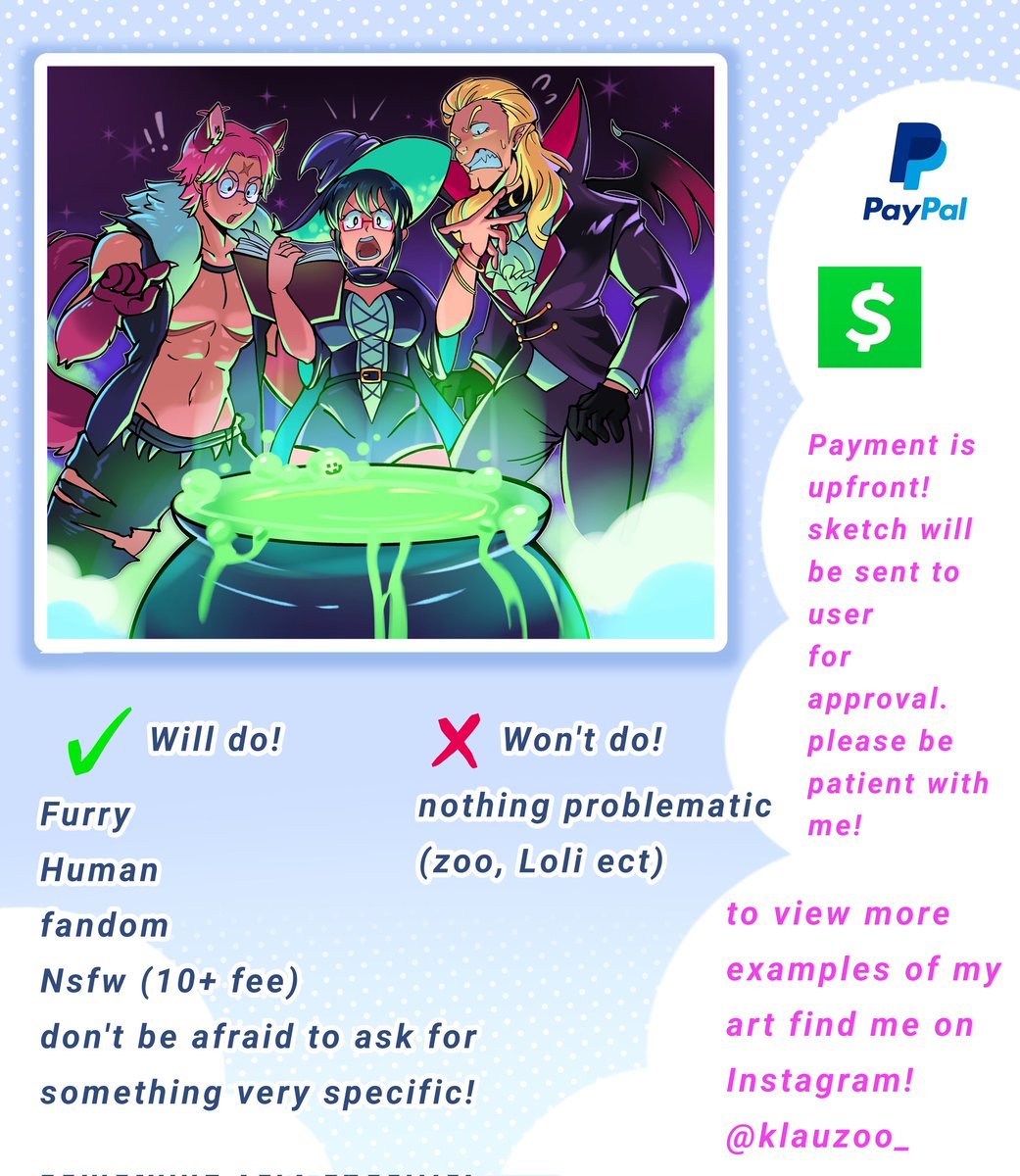 klauzoo's tweet image. COMMISSION PRICES
wanted to post these here in case :) dm me if interested!