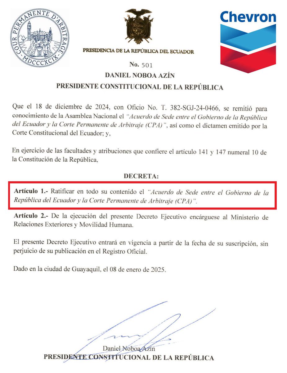 PlataformaVPTE's tweet photo. 🔴🔴🔴 #URGENTE 🧵1/8
Con Decreto 501 #DanielNoboa convierte a #Ecuador en SEDE DE ARBITRAJE INTERNACIONAL!!!
Pisoteando el Art. 422 de la Constitución que lo prohíbe. 
Así la #CPA Corte Permanente de Arbitraje Internac. que falló 🔴 A FAVOR DE #Chevron 🔴 tendrá su sede aquí‼️‼️ https://t.co/oJYy15xX6s