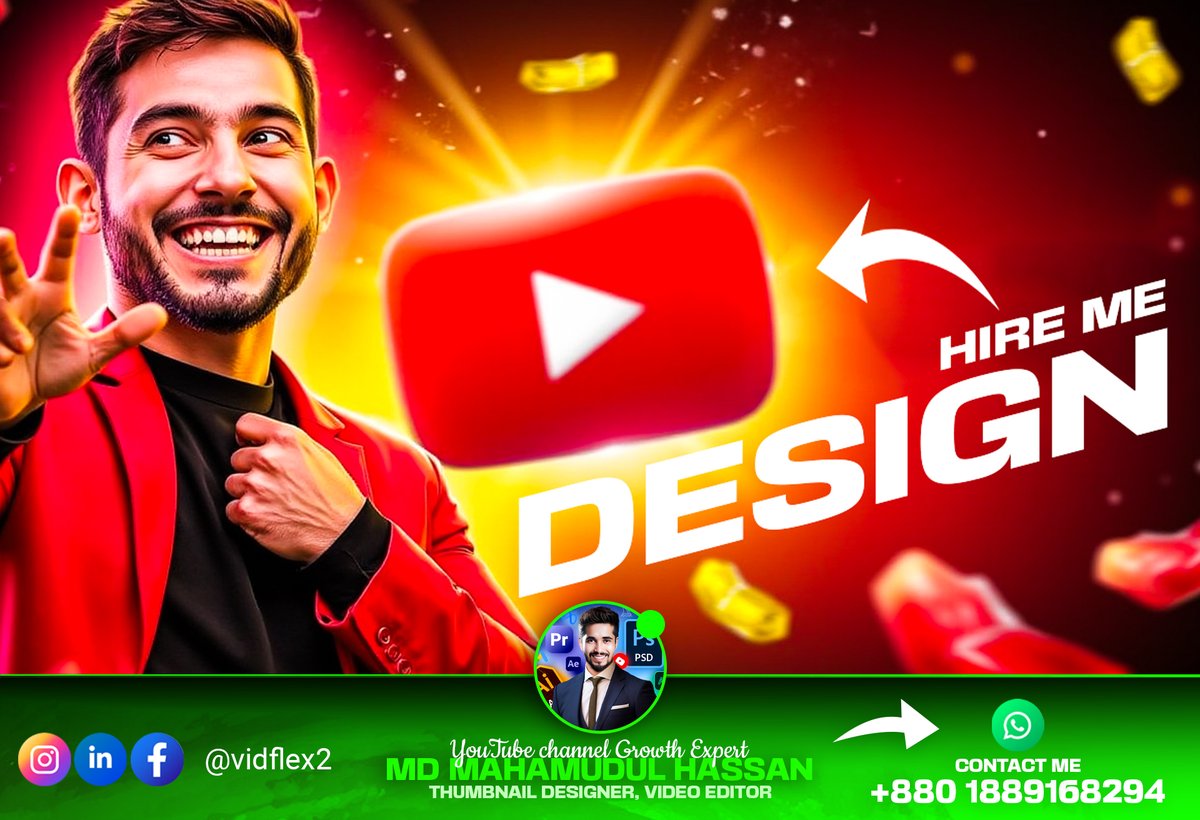 DTimer94's tweet image. Let&apos;s design something AMAZING! I offer creative YouTube thumbnail and video editing services to help you grow your channel. Send me your vision! 📞 WhatsApp: +8801889168294 | 📧 vectordesigner420@gmail.com
#CreativeDesign #YouTubeContent #VisualCreator #VideoEditing #MrBeast