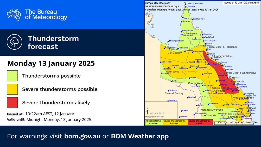 ⛈️ Thunderstorm FORECAST for MONDAY: Severe thunderstorms are possible in northern, central, and eastern #Qld, and are likely between Tully and Monto. Hazards are LARGE HAIL, DAMAGING WINDS &amp; HEAVY RAIN. 

Today's warnings: bom.gov.au/qld/warnings/