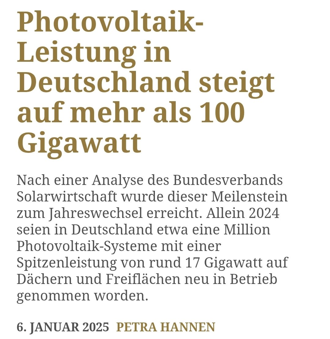 ChristophBeisl1's tweet photo. 1/ Die in Deutschland installierte Photovoltaikleistung erreicht erstmals 100 Gigawatt:
Das entspricht der Stromproduktion von 10 Kernkraftwerken.

Allein letztes Jahr wurden 17 Gigawatt PV neu installiert:
Das entspricht der Leistung von 1,7 Gigawatt neuen Kernkraftwerken. https://t.co/AmWq1l71qn