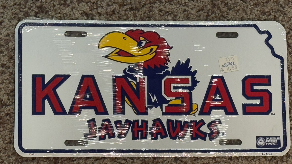 doughays's tweet photo. @JayhawkTalk Since I can’t put one on my car, mine remains wrapped with Jayhawk Bookstore price tag: $3.95! https://t.co/hbq2Ez9bjQ