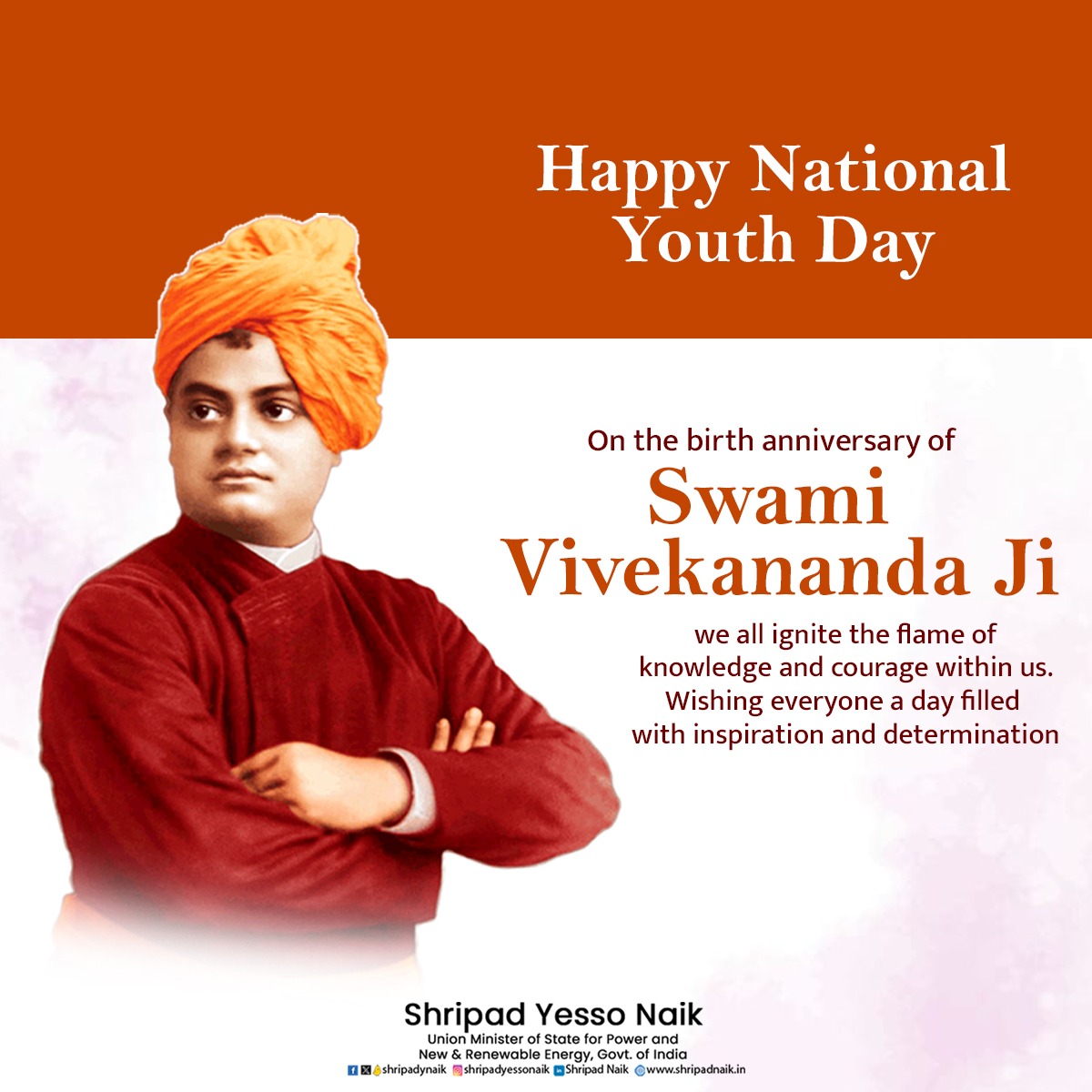 shripadynaik's tweet photo. #HappyNationalYouthDay
On the birth anniversary of Swami Vivekananda Ji
we all ignite the flame of knowledge and courage within us.
𝐖𝐢𝐬𝐡𝐢𝐧𝐠 𝐞𝐯𝐞𝐫𝐲𝐨𝐧𝐞 𝐚 𝐝𝐚𝐲 𝐟𝐢𝐥𝐥𝐞𝐝 𝐰𝐢𝐭𝐡 𝐢𝐧𝐬𝐩𝐢𝐫𝐚𝐭𝐢𝐨𝐧 𝐚𝐧𝐝 𝐝𝐞𝐭𝐞𝐫𝐦𝐢𝐧𝐚𝐭𝐢𝐨𝐧 https://t.co/yXuKwPfh2x
