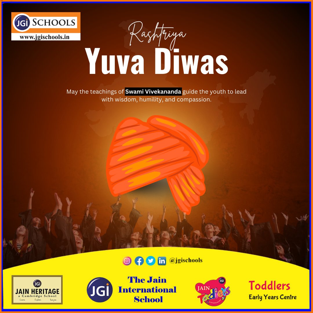 SchoolsJgi's tweet photo. Today, we honor the energy, dreams, and determination of young minds who hold the power to shape a brighter future. Inspired by Swami Vivekananda’s ideals, let’s embrace courage, wisdom, and purpose to build a better world. 💪✨

#RashtriyaYuvaDiwas #NationalYouthDay #YouthPower https://t.co/U7WTZSnXf6