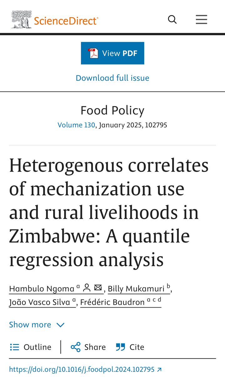 Hambulo Ngoma (@hambulon) on Twitter photo 📢📢 HOTP: (1) What drives mechanization use among smallholders?
(2) How do the effects of mechanization use vary across farm categories?
We address these in a new paper in <a href="/_Food_Policy/">Food Policy</a> w <a href="/FBaudron/">Frédéric Baudron</a> & <a href="/jvasco323/">João Vasco Silva</a> sciencedirect.com/science/articl… 📢📢 HOTP: (1) What drives mechanization use among smallholders?
(2) How do the effects of mechanization use vary across farm categories?
We address these in a new paper in <a href="/_Food_Policy/">Food Policy</a> w <a href="/FBaudron/">Frédéric Baudron</a> & <a href="/jvasco323/">João Vasco Silva</a> sciencedirect.com/science/articl…