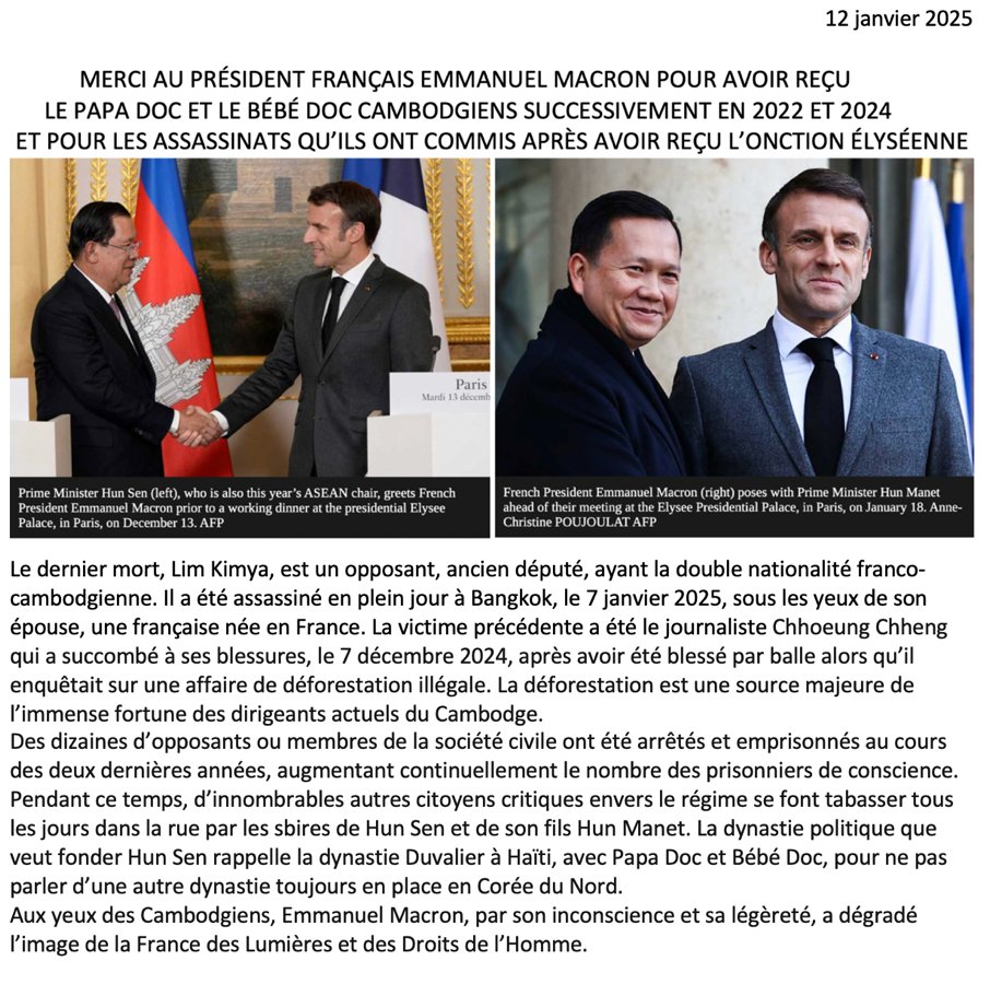 The murderous #Cambodia regime of Hun Sen and Hun Manet has claimed Lim Kimya, a French citizen, as its latest victim.  <a href="/EmmanuelMacron/">Emmanuel Macron</a> has shown dreadful naivety in accepting a regime for which political assassinsation is a regular tactic. #SamRainsy