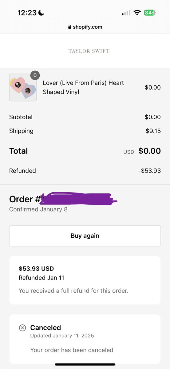 901kelsey's tweet photo. Hey @taylornation13 what gives? I didn’t get an email from the store about the cancellation, just a notification from my shop app. Any news on this? I’m upset it’s cancelled, and double upset that I didn’t receive an email or anything! https://t.co/riZP2qqR8K