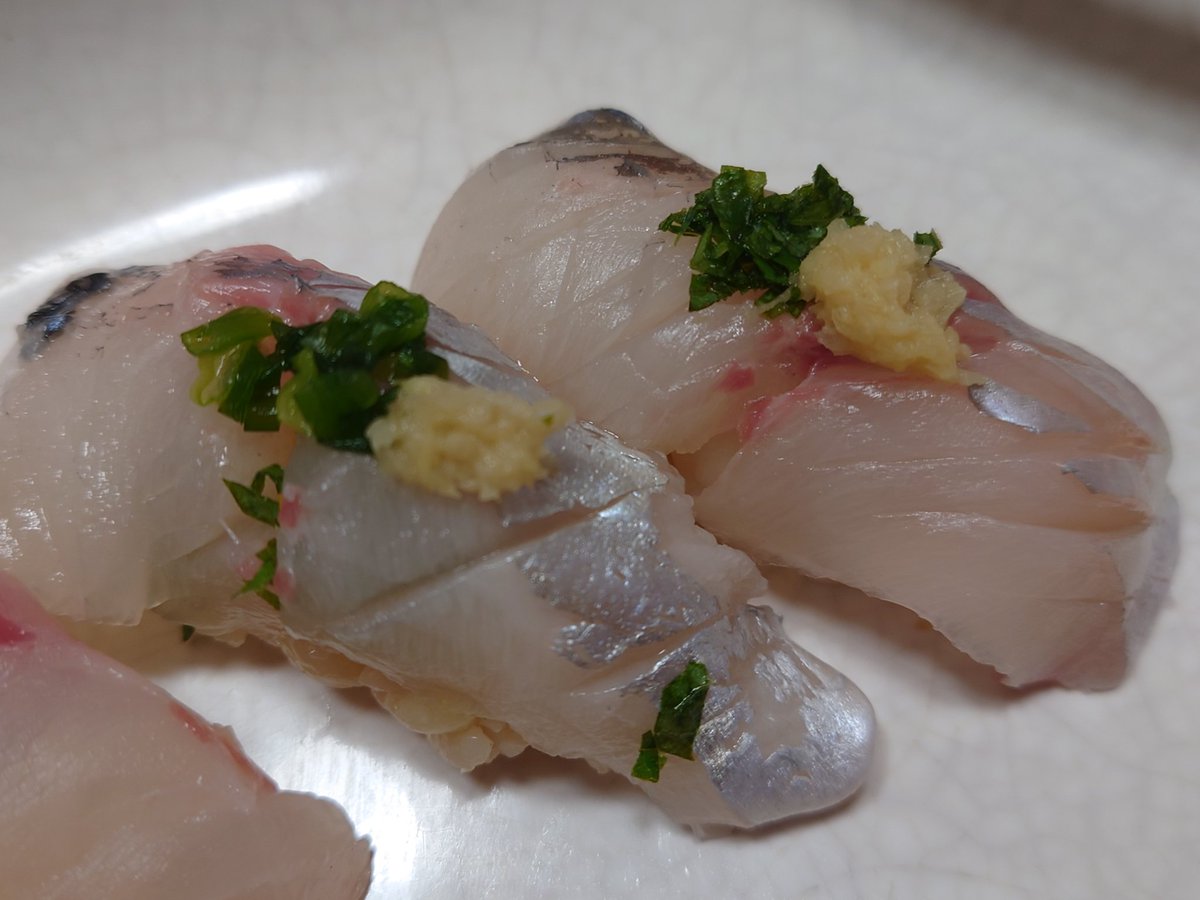 k_sfj's tweet photo. 夢あじ！カイワリに目をつけたのは素晴らしい。いままで出会った養殖魚でNo1！鮮度内臓脂肪申し分無し。一日寝かしましたが全く臭みなし。身の柔らかさと脂のノリは寿司に最高です。またテスト販売待ってます！ https://t.co/nSFKE4arSb