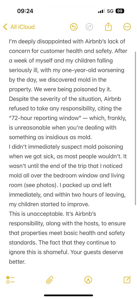danarefai's tweet photo. @Airbnb total disregard to guest health &amp; safety is disgusting. After a week of my kids &amp; I getting ill, we discovered mold in the house. Airbnb ignored it because I “missed the 72-hour window.” It’s your responsibility to ensure properties meet safety standards. #Airbnb #mold https://t.co/rxvAsNxsNs