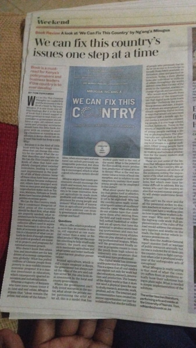 MbuguaNganga's tweet photo. Thank you #SaturdayNation for publishing a review of my book, #WeCanFixThisCountry. Readers can find copies of the book at @NuriaBooks or reach out to me. #GreatBooks4Kenya https://t.co/ikiLlsLNU4