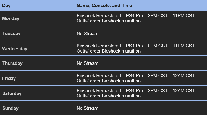 Here's the streaming schedule for 01/13 - 01/19. It's right smack in the middle of the "Outta Order Bioshock Marathon."  Bioshock may be completed earlier than anticipated. If it does the last game will be Bioshock 2: Remastered. twitch.tv/glock316 #Schedule
