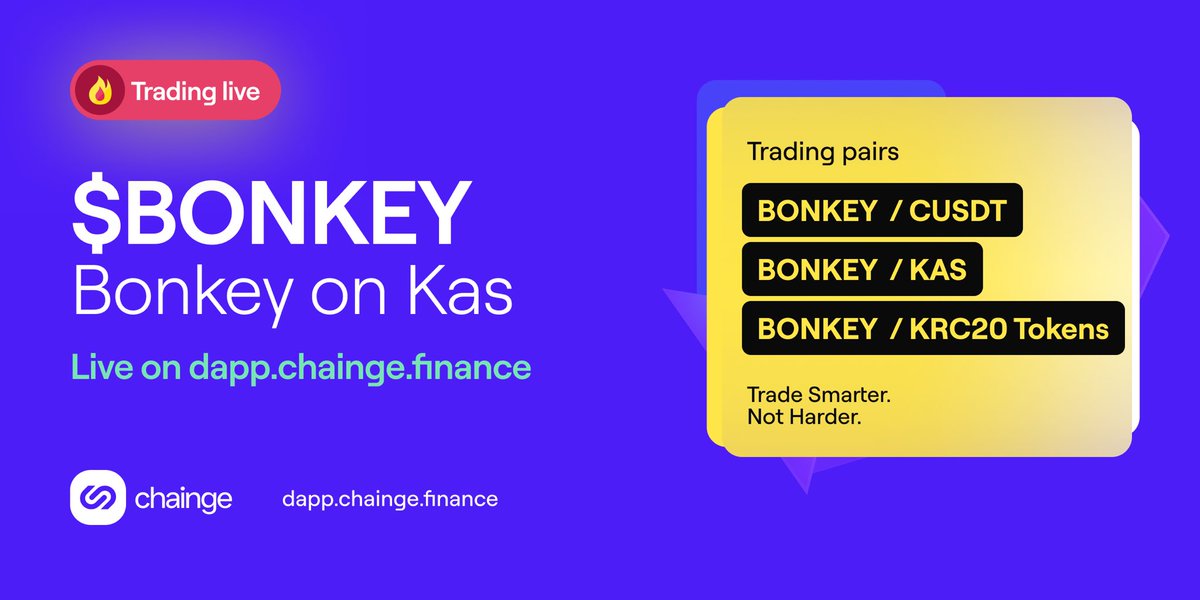 Thrilled to announce a new #KRC20 token is available for trading on dapp.chainge.finance!

You can now buy &amp; sell $BONKEY with $KAS, $CUSDT or ANY listed KRC20 token

Check out the waiting list at krc20.chainge.finance and add liquidity to support KRC20 token listings!