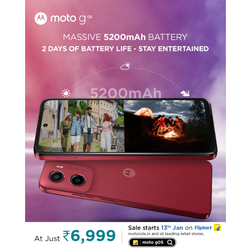 motorolaindia's tweet photo. Say goodbye to battery woes with the moto g05. Play music, binge-watch your favorite shows, and do so much more with the powerful 5200 mAh battery.
Sale starts 13th January at just ₹6,999 on Flipkart | https://t.co/azcEfy1Wlo | leading retail stores
#MotoG05 #Motorola #MastHai