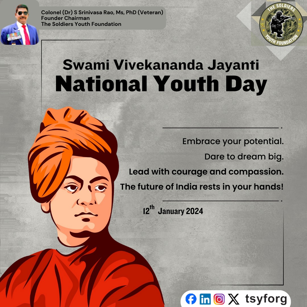 tsyforg's tweet photo. Happy #NationalYouthDay! Today, we celebrate the spirit of youth and the invaluable contributions of young individuals to our nation

#soldiersyouthfoundation #YouthDay #SwamiVivekananda #SwamiVivekanandaJayanti #राष्ट्रीय_युवा_दिवस #futureofindia #inspireyouth #Empoweryouth https://t.co/ms8GiCkOGv