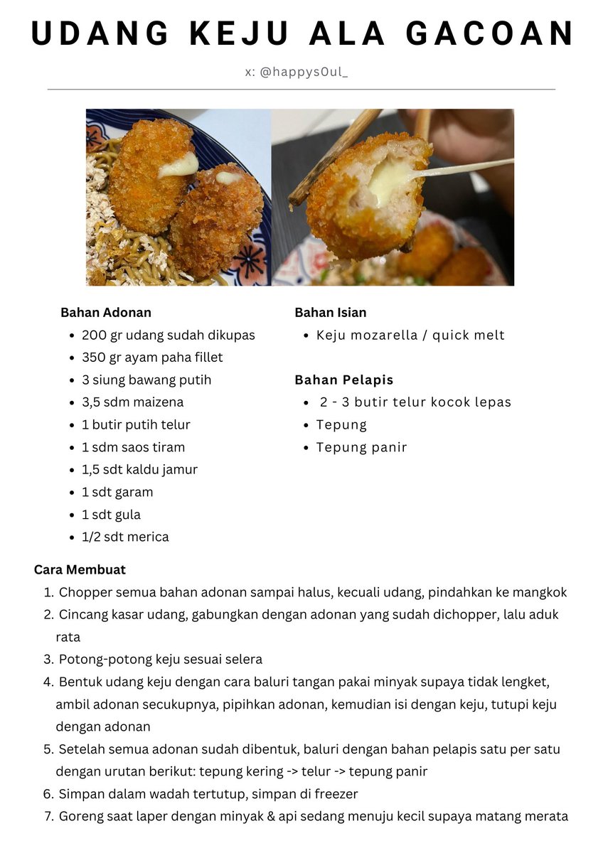 happys0ul_'s tweet photo. Resep Udang Keju ala Gacoan🦐🧀

Makanan favoritku &amp; banyak org kalo ke Gacoan. 1 adonan ini bisa jadi 30 pcs udang keju full mozarella di dalemnya🤤🩷. Kalau beli di Gacoan 10rb isi 3😆. 

Maafkan aku posting ulang, karena tadi ada yg typo😣🙏🏾. https://t.co/WE26gl9qdq