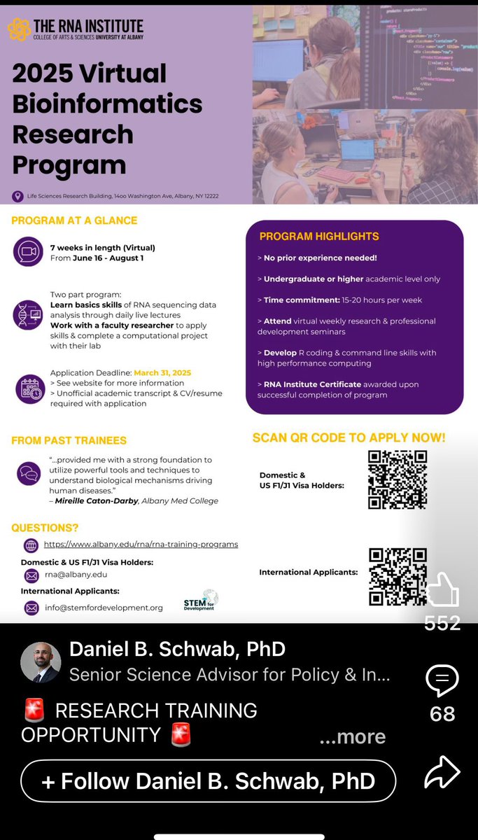 🚨 RESEARCH TRAINING OPPORTUNITY 🚨
STEM for Development is excited to announce a unique research training opportunity for summer 2025! The RNA Institute, University at Albany is partnering with STEM for Development to accept five international students from the Global South into