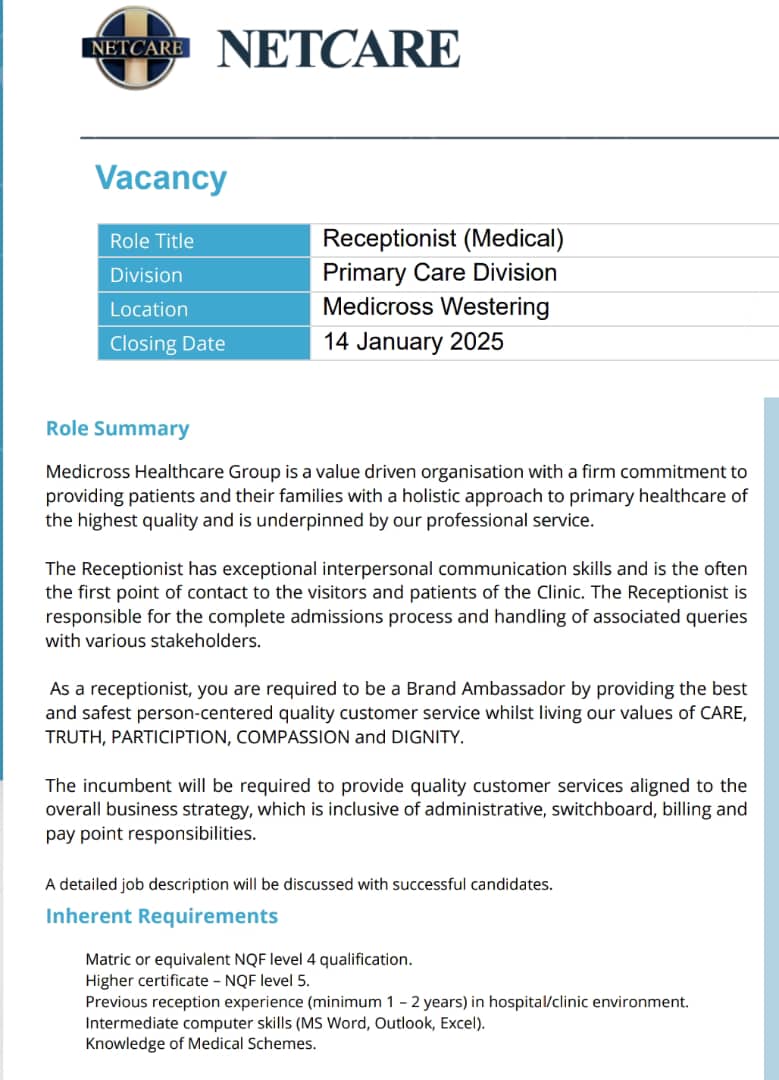 CarolBoitumelo1's tweet photo. 🔥Don't miss out »»»  Netcare looking for Permanent workers

📌 RECEPTIONISTS 

Salary: 15,416 per month

Location: SOUTH AFRICA 

REQUIREMENTS 
Grade 12 or equivalent NQF 4 certificate.
Computer literacy.

Link to Apply: https://t.co/wl8ryS1NfF

Closing Date: 14 January 2025 https://t.co/ZOOa8MsMWJ