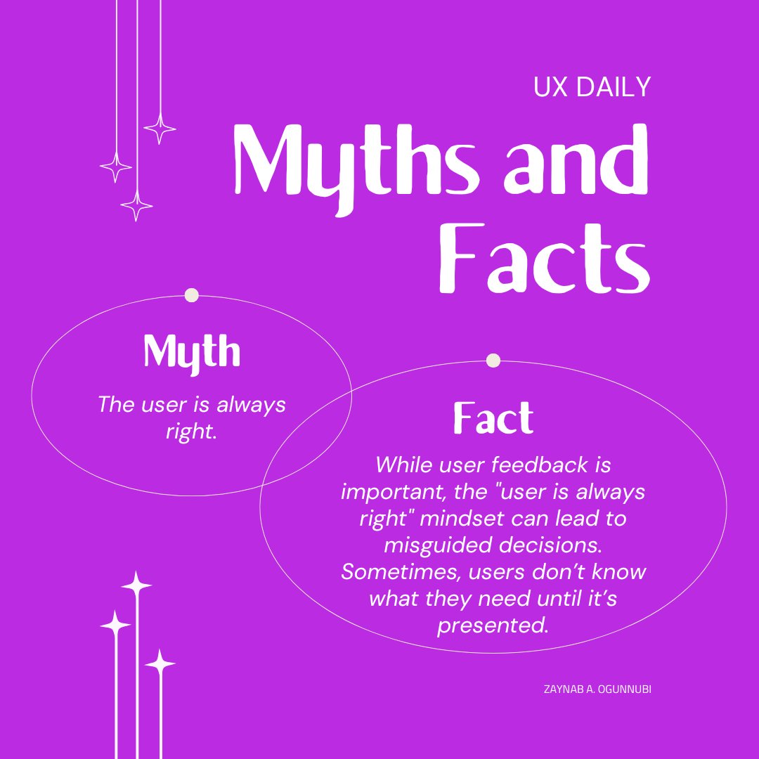 slimfit_zee's tweet photo. Myth 👀 : “The user is always right.”
Fact ✔️: While user feedback is invaluable, users don’t always know what they need until it’s presented. A great designer knows when to listen and when to lead.
#ux #design #UXDesign #Myths #uxd #uiux #Facts #DesignTruths #UserExperience https://t.co/S8yKE1q2xy