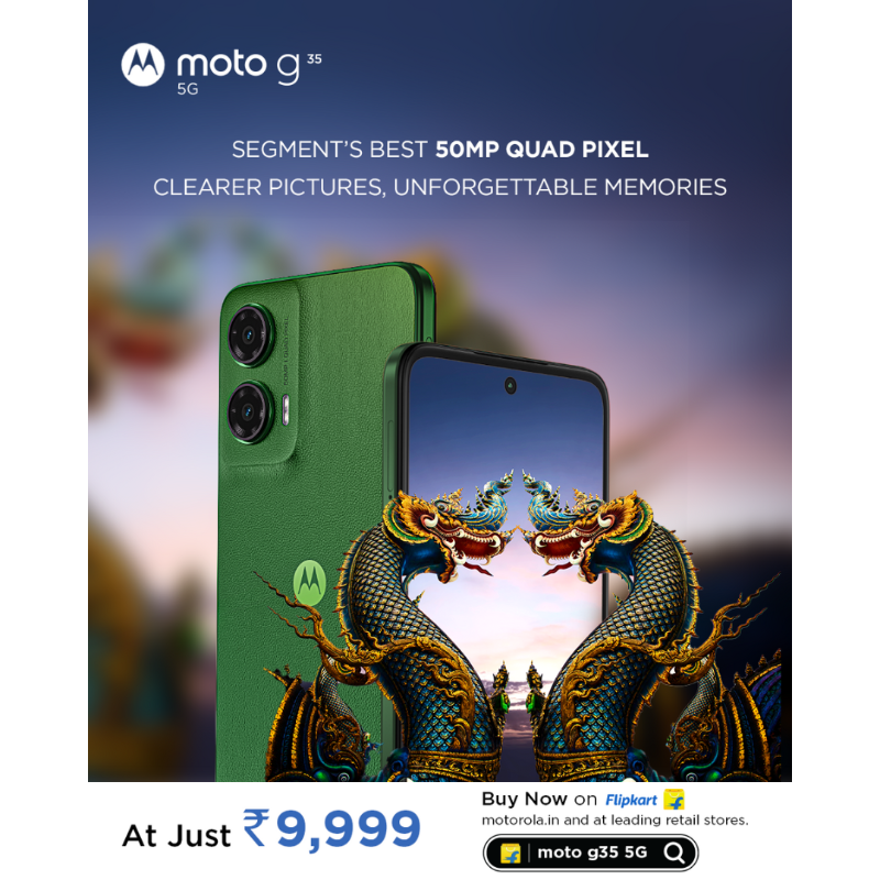 motorolaindia's tweet photo. #MotoG35 5G is all up to elevate your photography experience! The segment’s only 50MP quad pixel camera with 4k video recording delivers top notch images & videos.
Buy now at ₹9,999 @Flipkart, https://t.co/azcEfy1Wlo & leading stores.
#ExtraaHai