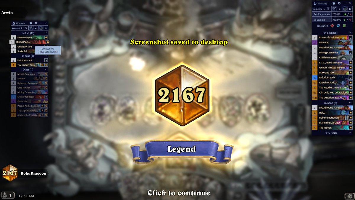 RokuDragoon's tweet photo. Got legend again for the first time in while the meta sucks but nice played Rainbow DK to get there. Ended on a 14-4 Run today to get it. https://t.co/PvLn02PsEx
