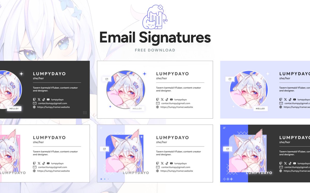lumpydayo's tweet image. Hello! I created an email signature template if you&apos;re too lazy to source out free versions on Canva! 🦋 All colours and text are editable.

🔗 figma.com/design/V3lvB1o…