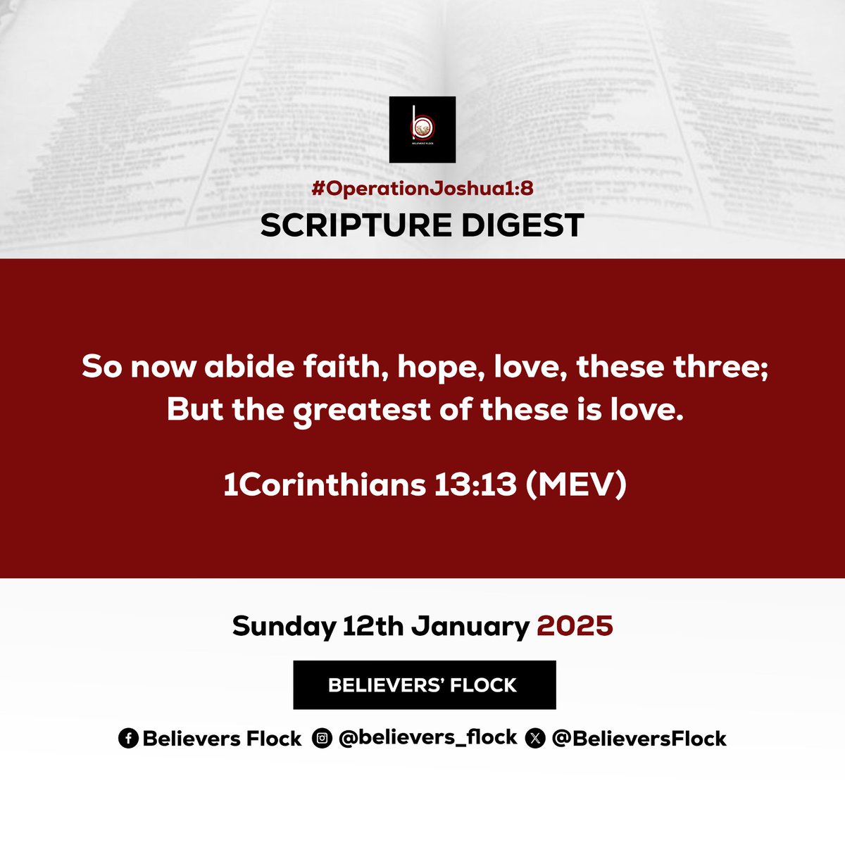 Believersflock's tweet photo. So now abide faith, hope, these three; But the greatest is love. - 1Corinthians 13:13 (MEV)
#JESUS
#ScriptureDigest
#1Corinthians13:13
#MEV
#MEVBible
#Sunday.12.01.2025
#January
#BelieversFlock https://t.co/DBGqL83KRn