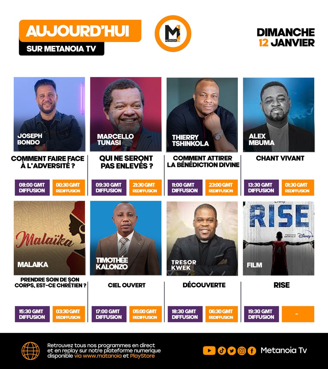 MetanoiaTv1's tweet photo. Aujourd’hui il a plu au Seigneur de te bénir au travers ce merveilleux programme de Metanoia Tv. 

Suivez-nous 24/7 sur : 

- TNT: Canal 20 (490 Mhz : Kinshasa &amp; Brazzaville)
- https://t.co/PLGFQa4unI 
- Android &amp; Apple Store : LimexWord, TFN, BleuOTT, Chaînes Tv https://t.co/nKnIP1jZbe