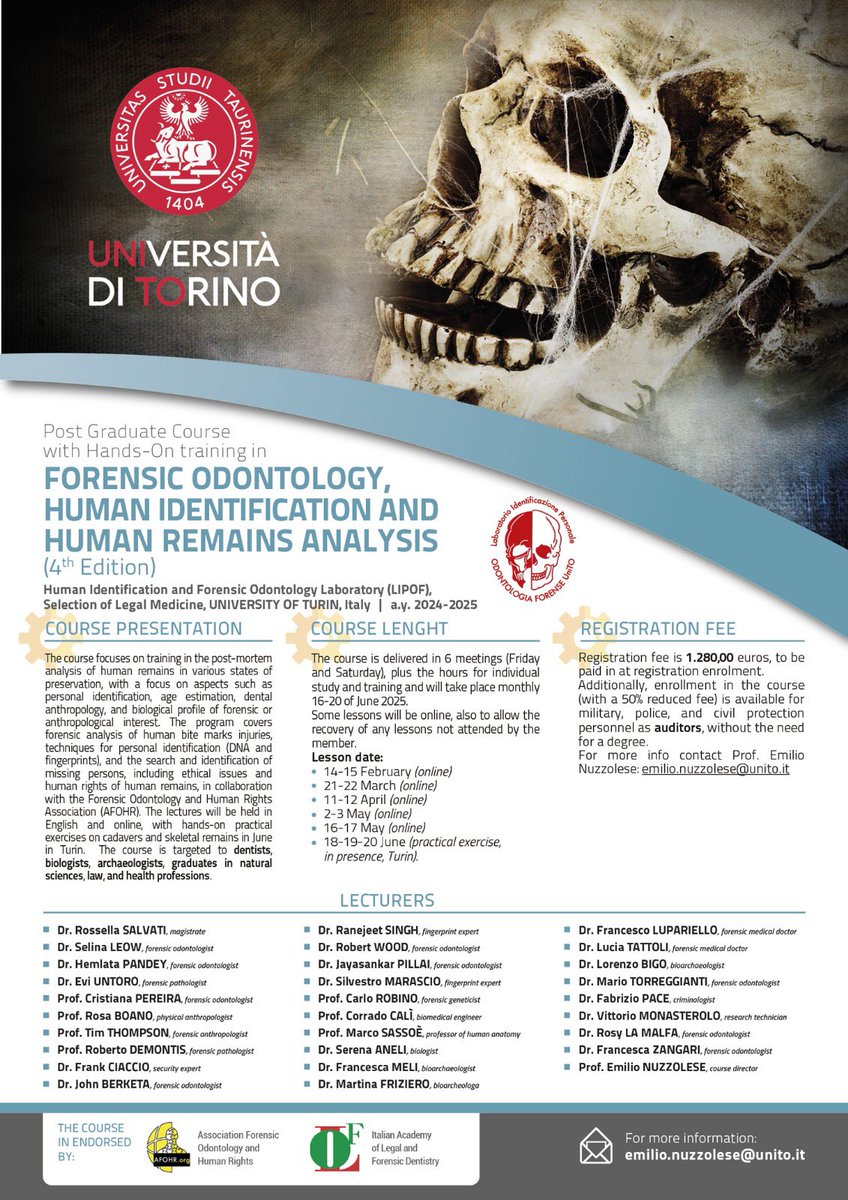 Endorsed by AFOHR.
👉POSTGRADUATE COURSE IN FORENSIC ODONTOLOGY, HUMAN IDENTIFICATION AND HUMAN REMAINS ANALYSIS,
University of Turin. 
Pre registration emilio.nuzzolese@unito.it
#forensicodontology 
#identification