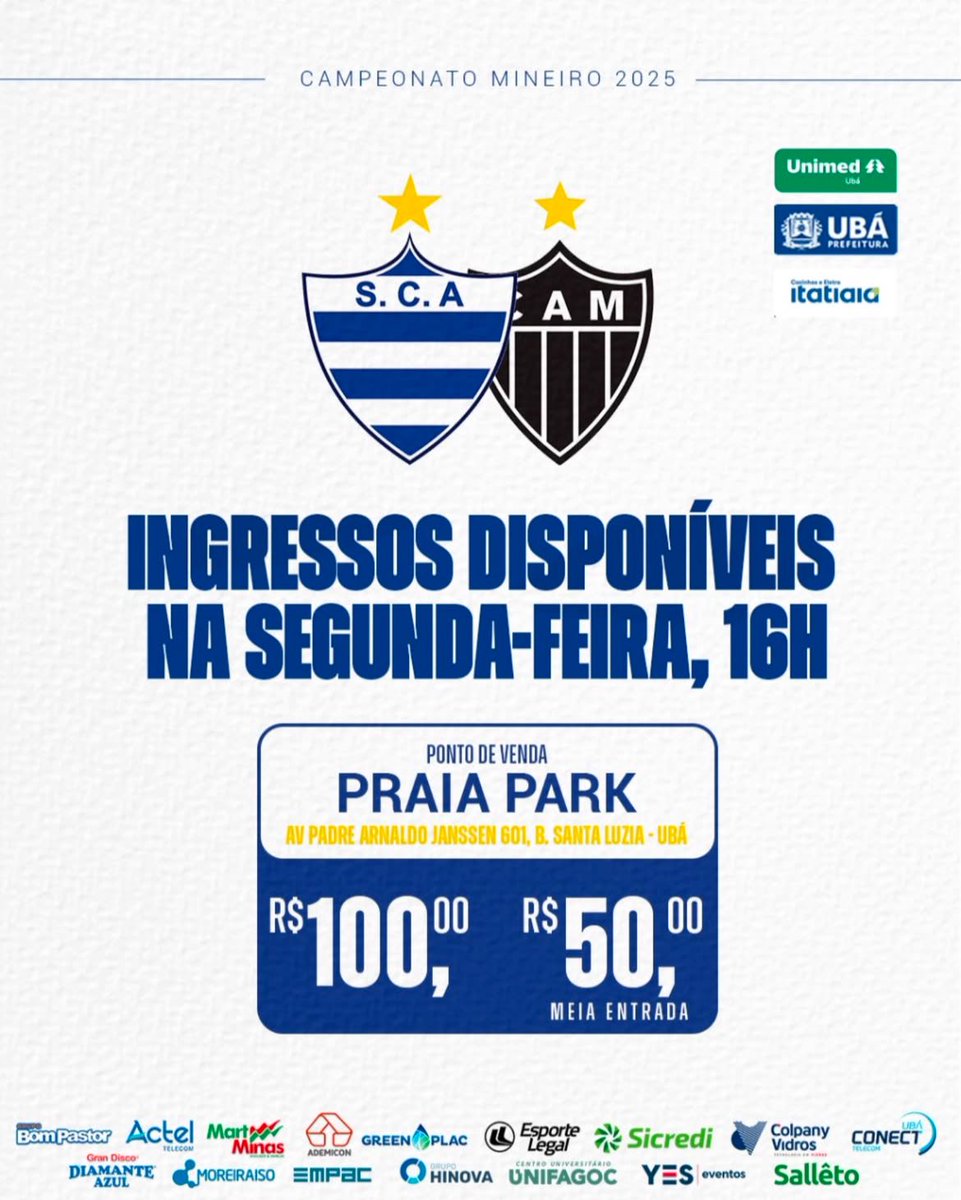 💸 INGRESSOS!

O Aymores anunciou ontem, os valores dos ingressos pra partida contra o Atletico, que por enquanto estarão sendo disponíveis a partir de segunda, no PraiaPark.

Vale lembrar, que Socio-torcedor, tem acesso a todos os jogos em casa do azulão sem pagar pelo ingresso!