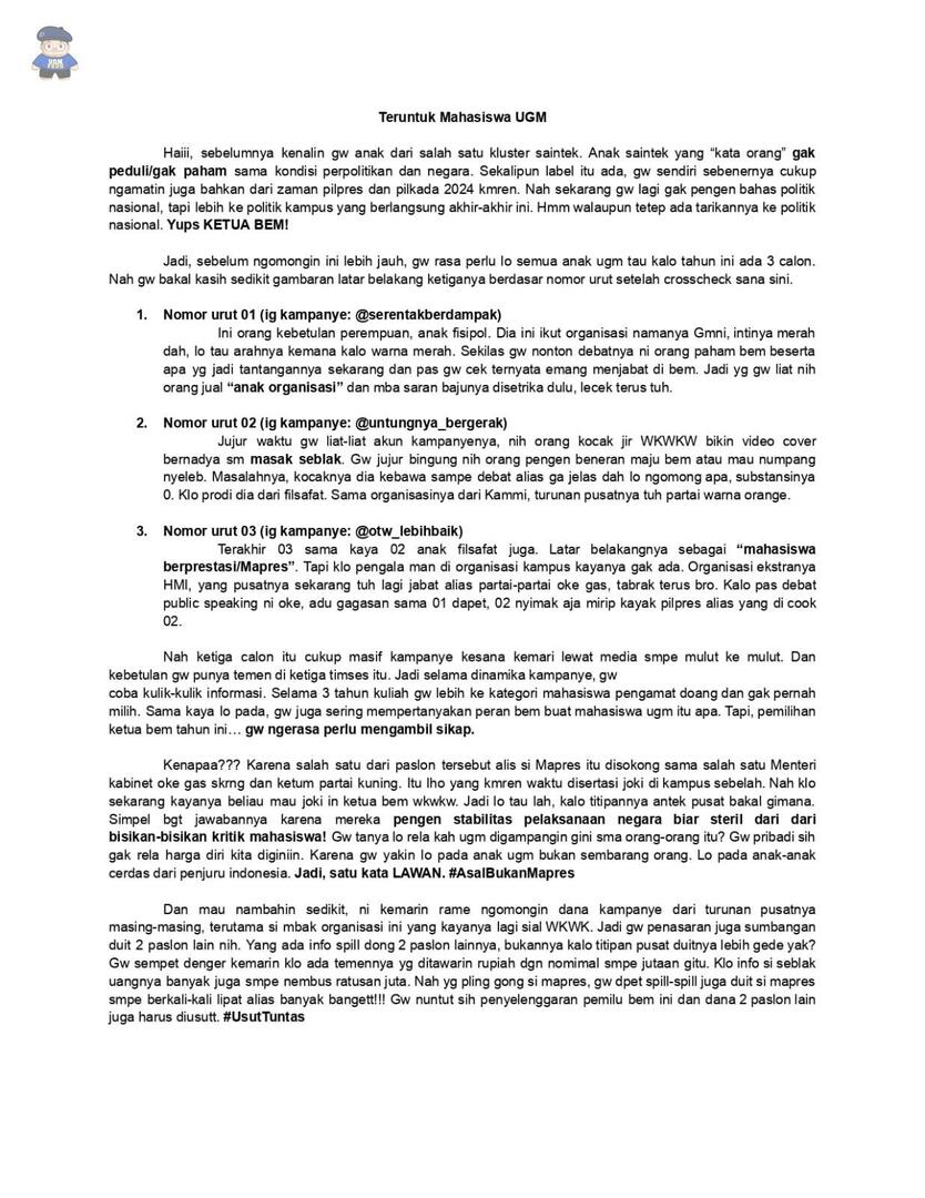 UGM_FESS's tweet photo. ugm_fess Ini ada titipan temenku - Teruntuk Mahasiswa UGM

(Sempetin baca ya temen-temen, soalnya penting banget) https://t.co/ZmahTTQDTx