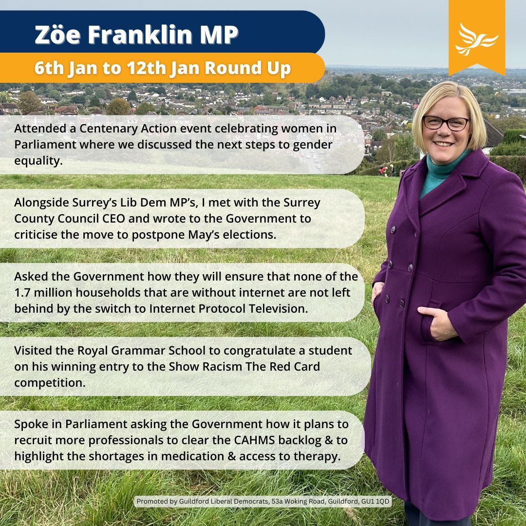 ZoeFranklinLD's tweet photo. I've hit the ground running in 2025 with a very busy first week back, speaking in the House of Commons, attending events and visits and working to ensure that #Guildford residents have their democratic right to vote in County Council elections in May. https://t.co/igt05Jx2L8