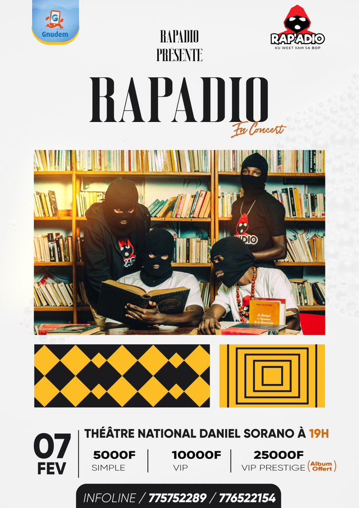 Grand concert de retour de Rapadio le 7 février au théâtre national Daniel Sorano.

🕹️Achetez votre billet sur ce lien 👇🏾

gnudem.com/event/grand-co…