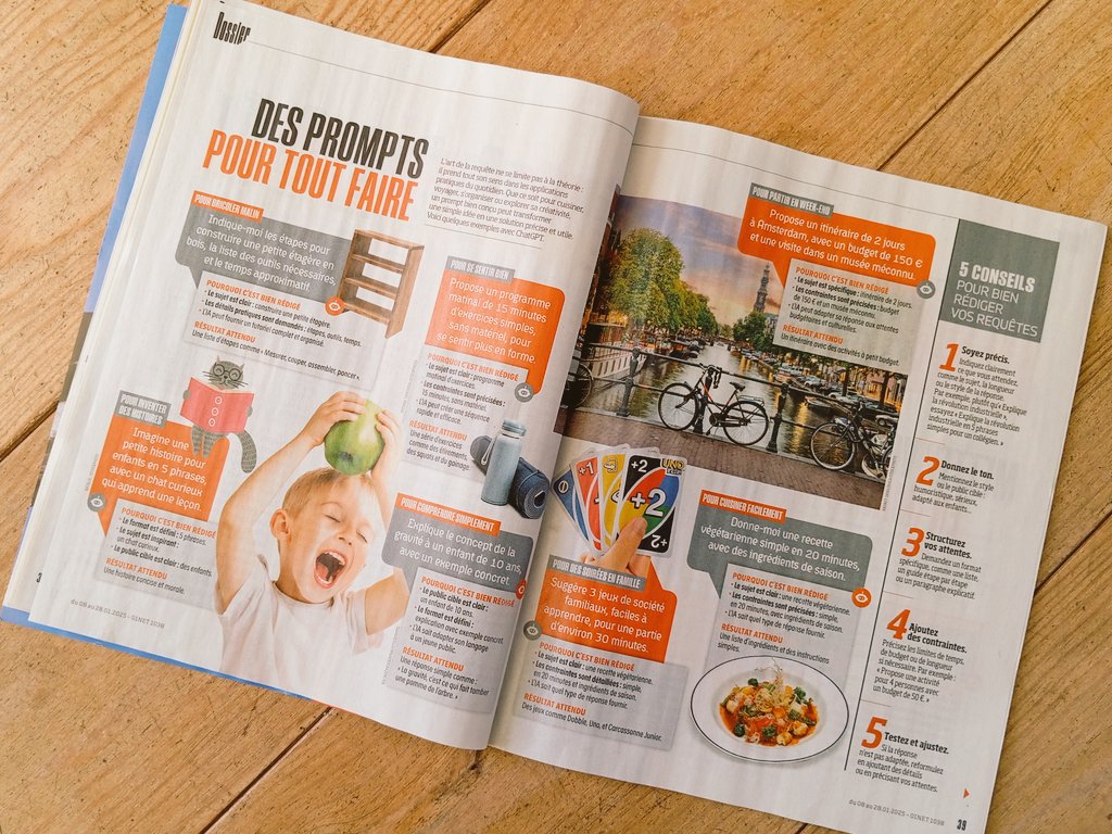 #CultureNum
Dans #01NETmag n° 1938, dossier "Comment bien parler aux #IA? " 
➡️ Quel générateur choisir ? Essai comparatif 
➡️L'art du #prompt pour gagner en efficacité 
➡️ Conseils de rédaction de requêtes pour générer les images 
➡️ ...
