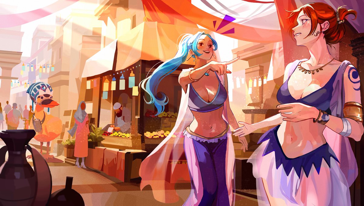 Illustration of Arabasta inspired✨Vivi showing to Nami her own country🌞 I’ve missed drawing One Piece fanarts, it’s always so fun🥹💘