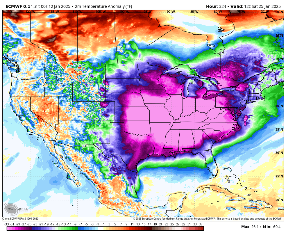 spann's tweet photo. HERE WE GO AGAIN? The next shot of very cold air begins to move into the Deep South one week from today, and some global models are hinting at more "winter mischief" around January 20-21. A few important notes...

*There is certainly no skill in forecasting a winter storm in Alabama 8-9 days in advance, but there is skill at pattern recognition. Could the pattern produce another winter storm? Sure, but there is no way of knowing details now.

*The "model snow maps" you will see plastered all over social media from deterministic model output mean nothing over the next few days. Deterministic runs will flip and flop like a fish out of water in the 7-10 day range. Remember, "think before you share".

*The only logical way to look at it now is from ensemble probabilities. I have attached probabilistic output from the European global model, showing the chance of one inch or snow or greater through the next couple of weeks for you.

*The pattern looks very cold for the last ten days of January. How cold? Still too early to know.

Stay tuned.