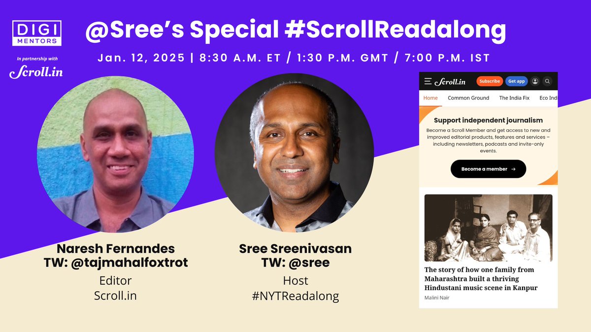 neilparekh's tweet photo. @sree @tajmahalfoxtrot @scroll_in @digimentors @shashib @CauveryMadhavan @phaldipur @DrSujanaENT @RoseHorowitz31 @SpinItSocial @DianaRohini @SFDoug @muckrack 2/x This week, we're looking forward @Sree's Special #ScrollReadalong with Naresh Fernandes (@tajmahalfoxtrot). Learn more about @scroll_in, our production partner and one of India's most important, independent news sites.
Live at 8:30am ET / 7pm IST.
๐https://t.co/yJqbjloFSa https://t.co/8HiAAHazAV