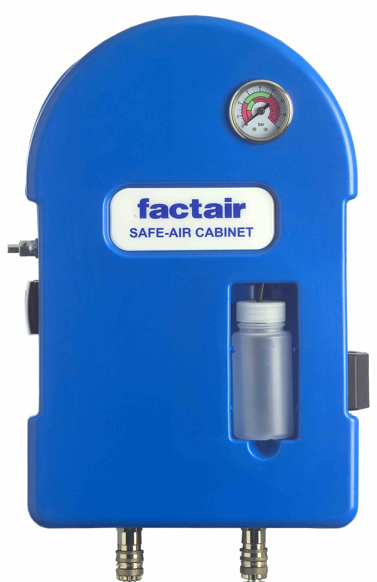 Factair's Safe-Air Cabinets provide high-quality breathing air (EN12021) by filtration from a normal compressed air supply. Ideal for airline paint spray booths and welding breathing air systems.