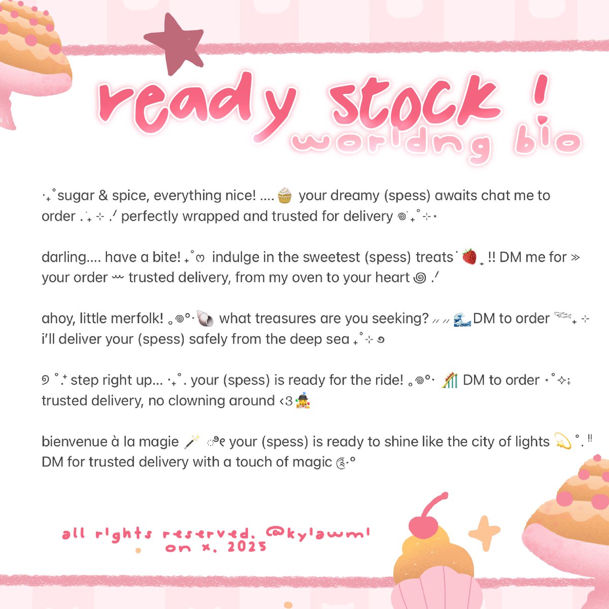 help repost? tenncuu ⸜(｡˃ ᵕ ˂ )⸝♡

haloo semuaa! 🐈‍⬛୭ ˚. ᵎᵎ

kyia bawain 10 wording bio ready stock untuk ba spess apapun only for 3.5OO langsung ketuk dm Kyia aja yaa!! 💭⊹ ₊ ⟡ ⋆

t. wording bio ba ready stock
#zonauang #zonajajan #zonabu