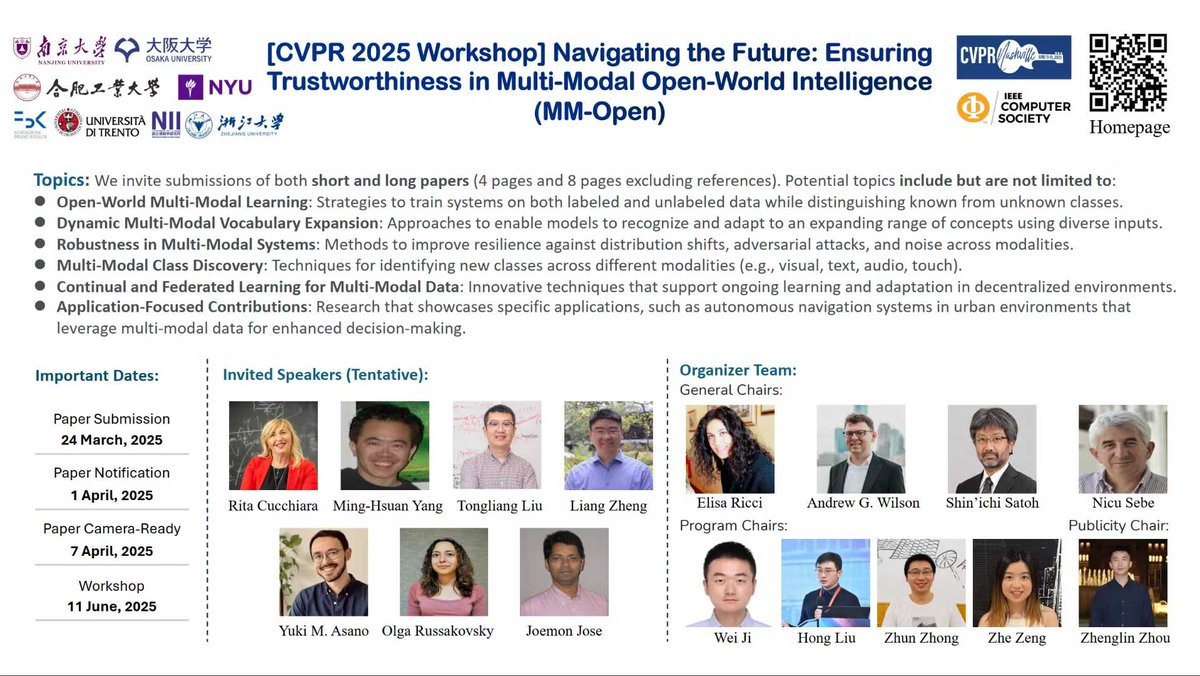 #CVPR2025 We are organizing the CVPR 2025 workshop, Navigating the Future: Ensuring Trustworthiness in Multi-Modal Open-World Intelligence (MM-Open), to explore advances in trustworthy multi-modal intelligence. Website: cvpr25workshop.netlify.app We Welcome submissions and support!