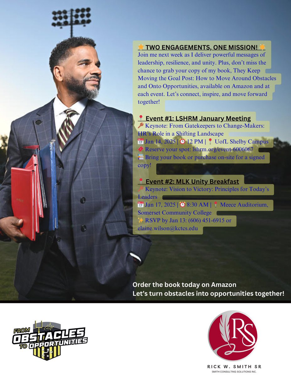 📍 LSHRM Meeting (Louisville)
🗓️ Jan. 14 | 12 PM
🎤 Keynote: From Gatekeepers to Change-Makers
Reserve: lshrm.org/event-6006067
📍 MLK Unity Breakfast (Somerset, KY)
🗓️ Jan. 17 | 8:30 AM
🎤 Keynote: Vision to Victory
RSVP by Jan. 13: elaine.wilson@kctcs.edu | (606) 451-6915